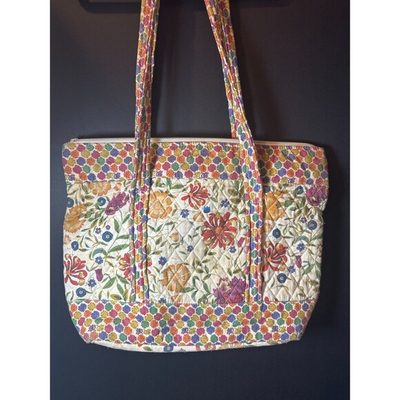 Quilted Floral Tote Bag Cotton Multicolor 15x11 - Picture 2 of 10
